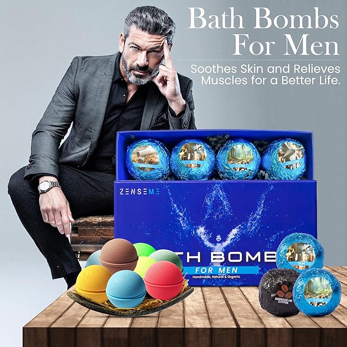 Bath Bombs for Men - Mens Relaxing Bath Bombs Gift Set - Organic with Masculine Scents for Him - 2.5 Oz Each - Gift Set of 8 Scented with Natural Essential Oils for Boyfriend, Husband or Father - Bloomnest