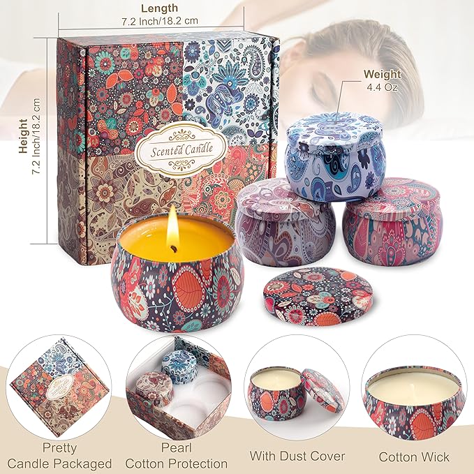 Scented Candles Gifts for Women - Soy Wax Natural Candle Set Aromatherapy Outdoor Indoor Small Aroma Candle Gift 4 PCS 4.4 Oz for Mothers Day Birthday Valentines Christmas Home Spa Bath Yoga - Bloomnest