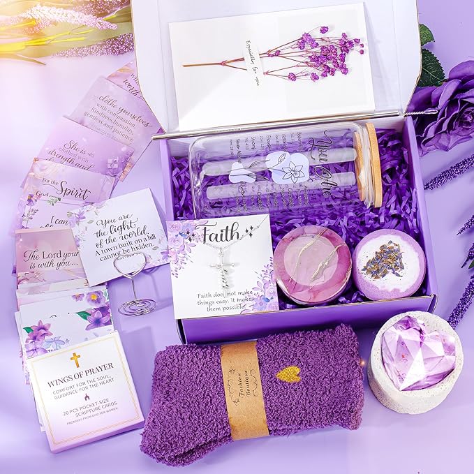 Valentine's Day Gift Christian Gifts For Women Faith - Inspirational Religious Birthday Gifts, Purple Spiritual Baptism Baskets For Mom, Grandma, Wife, Mothers, Friend, Sister,Catholic&Encouragement - Bloomnest