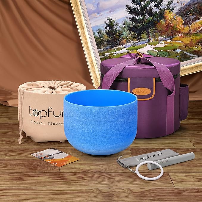 TOPFUND Blue G Note Crystal Singing Bowl Throat Chakra 10 inch with Heavy Duty Carrying Case and Suede Mallet