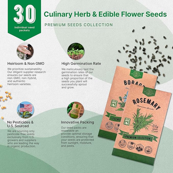 Organo Republic 30 Culinary Herbs & Edible Flower Seed Variety Pack- Indoor/Outdoor. 14000+ Non-GMO Heirloom Flower Seeds: Basil, Borage, Echinacea, Lavender, Oregano, Rosemary Seeds & More - Bloomnest