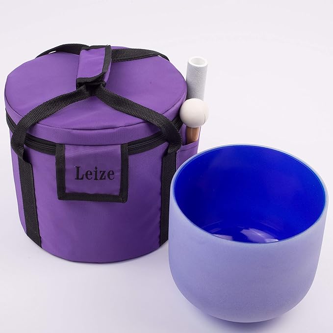 Leize Quartz Crystal Singing Bowl A# Note Third Eye Chakra Dark Blue 8" with Heavy Duty Carrying Case Suede Striker