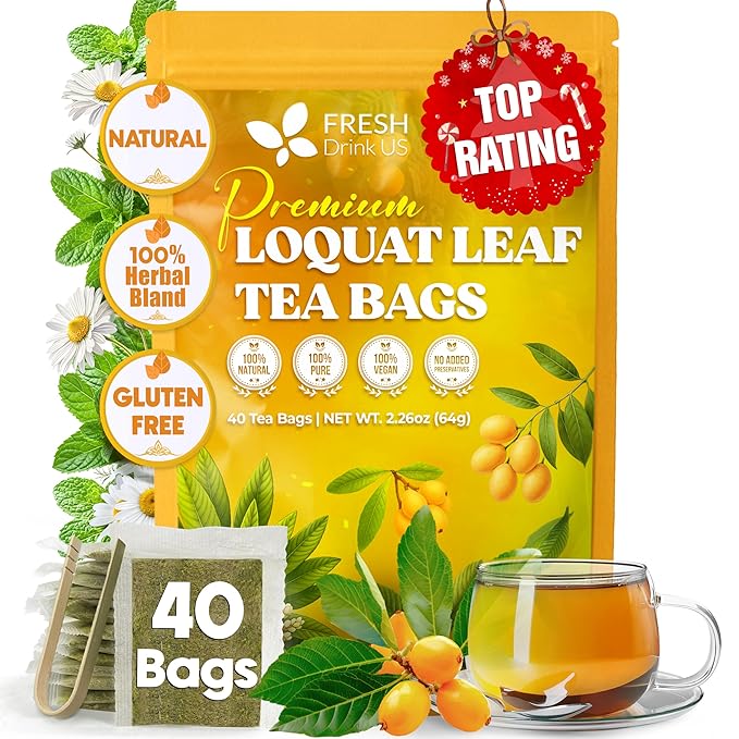 FreshDrinkUS, Premium 40 Tea Bags Loquat Leaf Tea | Eriobotrya japonica | Herbal Tea Bags | Naturally Dried Loquat Leaves | Caffeine-Free Botanical Tea. Sugar-Free. Caffeine-Free. Vegan - Bloomnest