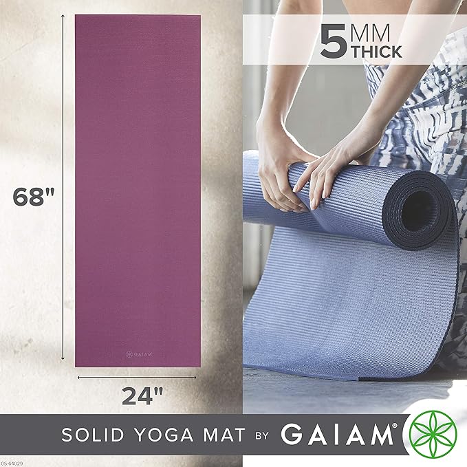 Gaiam Yoga Mat - Premium 5mm Solid Thick Non Slip Exercise & Fitness Mat for All Types of Yoga, Pilates & Floor Workouts (68" x 24" x 5mm) - Bloomnest