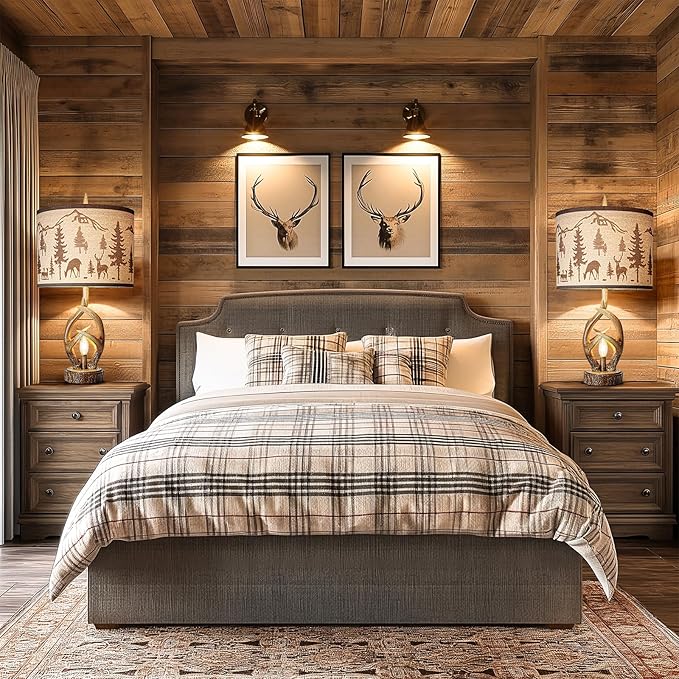 Scenekoy Antlers Style Table Lamp Set of 2 Rustic Bedside Lamp with Night Light Linen Fabric Shade Farmhouse Nightstand Lamps Decor for Living Room Bedroom House Home Office (Bulb Included) - Bloomnest
