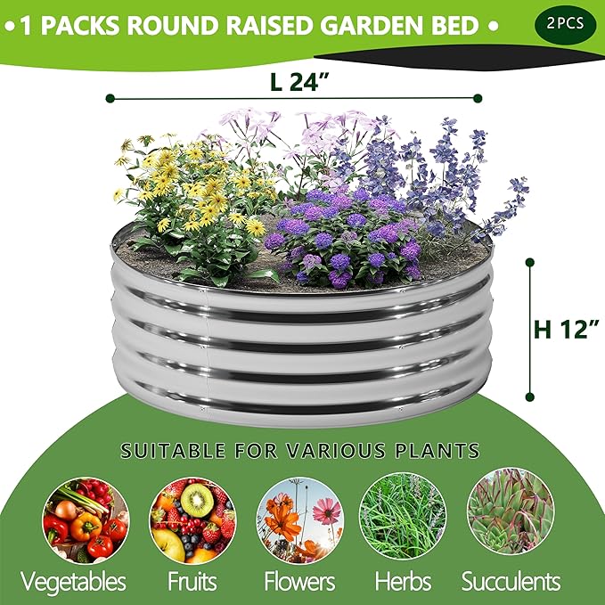 2PCS 2x2x1FT Galvanized Raised Garden Bed Kit,Vegetable Boxes-Round Metal Flower Box,Large Planter Raised Beds Outdoor Garden for Planting,Fruit,Herb-Sliver - Bloomnest