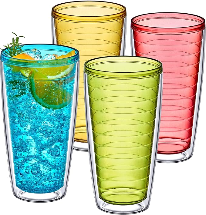 Amazing Abby - Alaska - 24-Ounce Insulated Plastic Tumblers (Set of 4), Double-Wall Plastic Drinking Glasses, Mixed-Color Reusable Plastic Cups, BPA-Free, Shatter-Proof, Dishwasher-Safe - Bloomnest