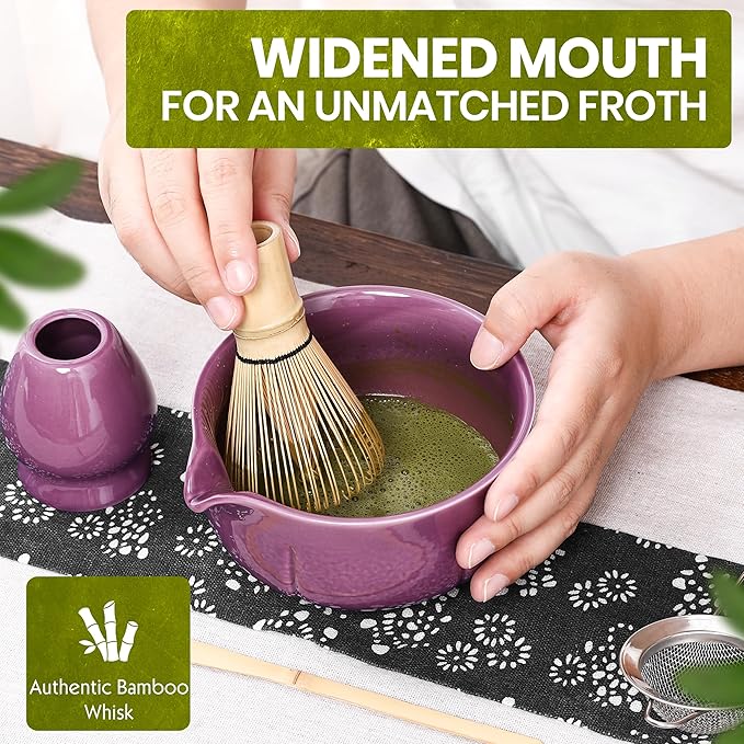 Matcha Whisk Set – 5 Piece Japanese Matcha Tea Set w/Ceramic Matcha Bowl, 100-Prong Bamboo Whisk & Holder, Scoop, & Stainless Sifter – Traditional Matcha Making Kit (Midnight Purple) - Bloomnest