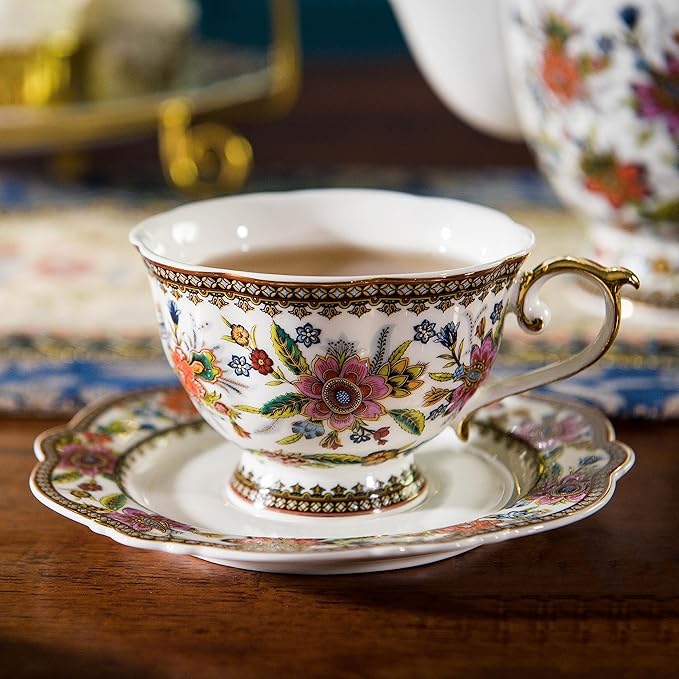 ACMLIFE Bone China Tea Cup and Saucer Set for 1, Vintage Floral Tea Cup with Saucer, Spoon and Gift Box, 6.8 oz (Pink-A) - Bloomnest