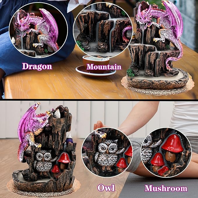 Dragon Backflow 2 Sided Mountain Waterfall Incense Burner,Fountain Smoke Incense Holder with Backflow Incense Cones, Tweezers, Mat，Resin Aromatherapy Meditationvaiuk (Purple) - Bloomnest