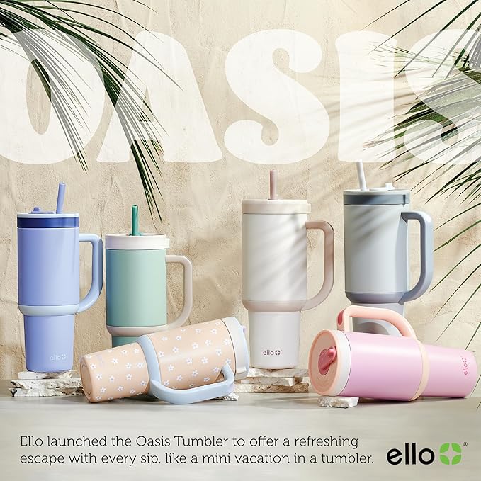 Ello Oasis 30 oz Tumbler with Handle & Retracting Straw | Reusable Insulated Stainless Steel Cup 100% Leakproof, Gifts for Teens Women Men | Keeps cold for 24 Hours, Cup Holder Friendly, Cream Tonal - Bloomnest