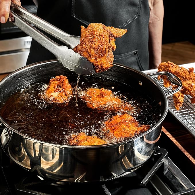 HexClad Hybrid Nonstick 7-Quart Sauté Pan with Tempered Glass Lid, Chicken Fryer, Stay-Cool Handles, Dishwasher-Friendly, Oven-Safe Up to 900°F, Induction Ready, Compatible with All Cooktops - Bloomnest