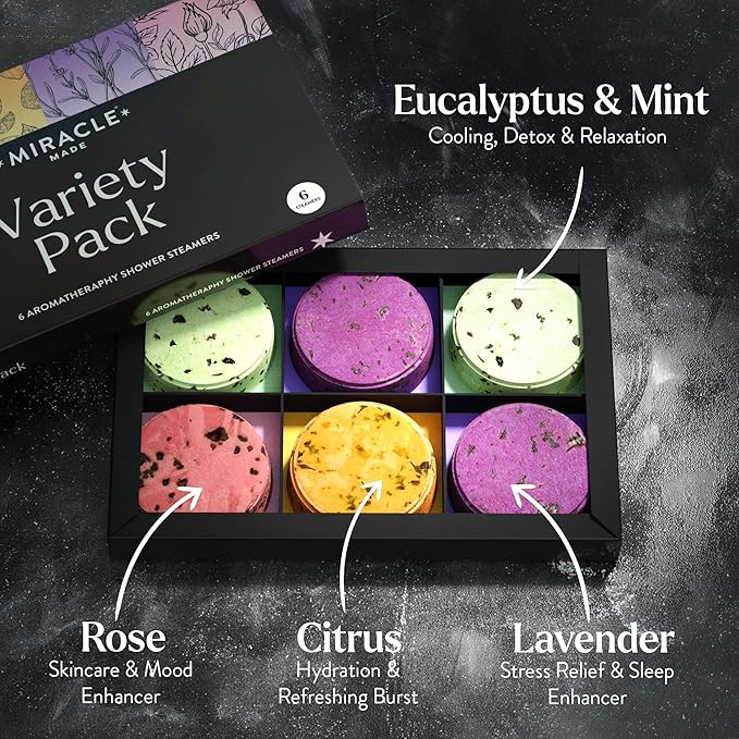 Miracle Made Variety Pack Aromatherapy Shower Steamers – Essential Oil Shower Bombs for Relaxation, Nasal Relief & Daily Self-Care – 6 Shower Melt Tablets with Dried Flowers - Bloomnest