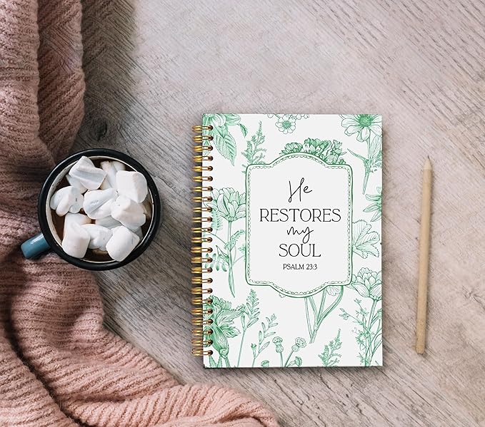 Christian Notebook for Women, Christian Art Gifts Journal, Prayer Journal for Women, Bible Journaling Notebook, PSALM 23:3 He Restores My Soul Floral Spiral Notebook 5.5x8.3 - Bloomnest