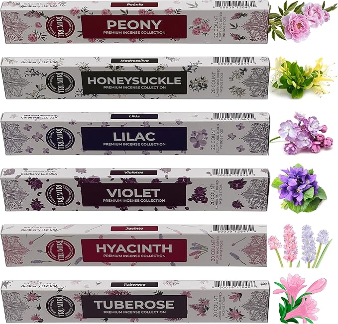 Blossom Incense Sticks Variety Pack - 120 Insence-Sticks (6 Incents x 20 Insense) - Peony Honeysuckle Lilac Violet Hyacinth Tuberose - Natural Inscents-Sticks Non Toxic Incienso + Stick Incense Holder - Bloomnest