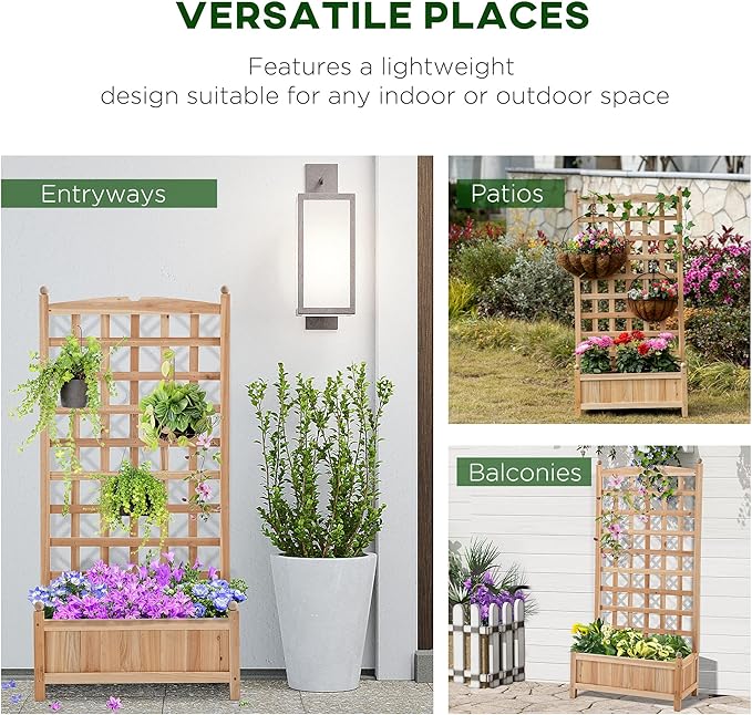 Wooden Raised Garden Planter Box with Trellis, 49.25" Height Flower Shelf Outdoor Plant Stand with Drainage, for Climbing Plants, Vegetables, Herbs, Natural Wood - Bloomnest