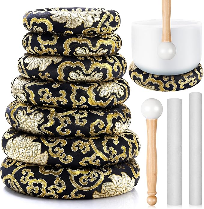 10 Pcs Singing Bowl Cushion Set 7 Silk Cloth O Ring with 3 Crystal Singing Bowl Mallet Include Solid and Hollow Stick Wood Handle Rubber Mallet for 6-12" Tibetan Sound Meditation (Black Gold) - Bloomnest