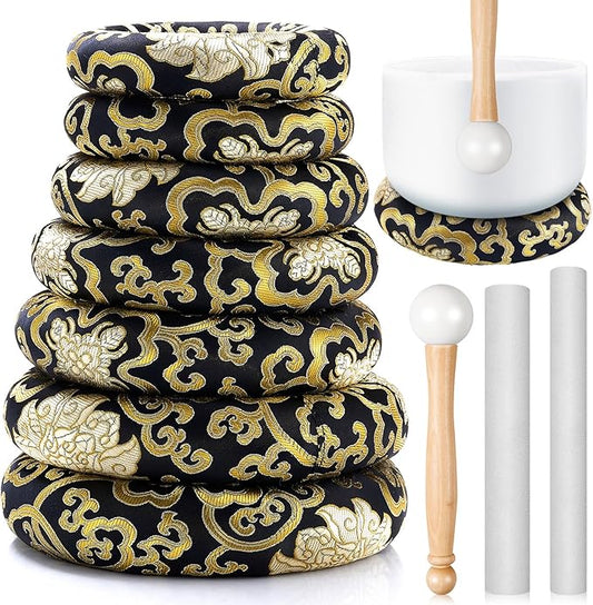 10 Pcs Singing Bowl Cushion Set 7 Silk Cloth O Ring with 3 Crystal Singing Bowl Mallet Include Solid and Hollow Stick Wood Handle Rubber Mallet for 6-12" Tibetan Sound Meditation (Black Gold) - Bloomnest