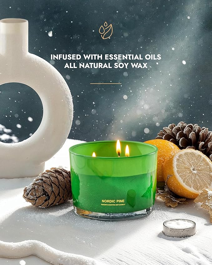 96NORTH Luxury Pine Soy Candle | Large 3 Wick Jar Candle | Up to 40 Hours Burning Time | 100% Natural Soy Wax | Relaxing Aromatherapy Aesthetic Candle - Bloomnest