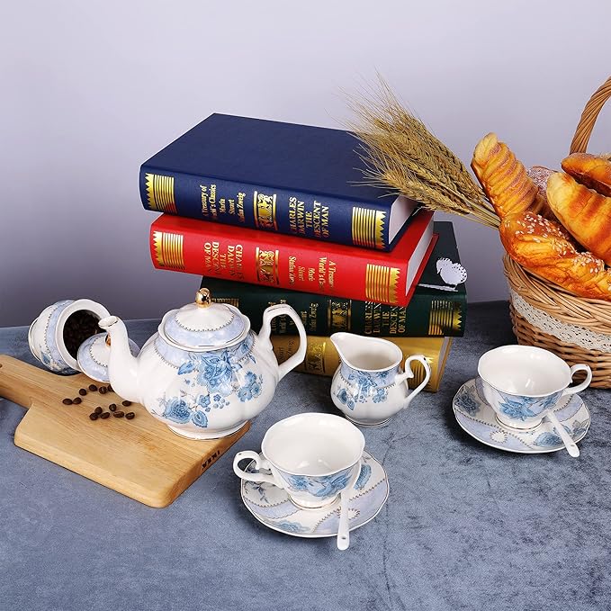fanquare Blue Flowers Porcelain Tea Set, Tea Cup and Saucer Set Service for 6, Wedding Tea Set with Sugar Bowl Cream Pitcher, Floral Coffee Set for Tea Party - Bloomnest