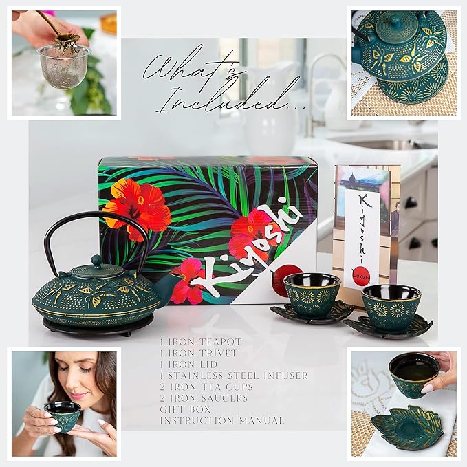 7PC Japanese Tea Set. "KIYOSHI Green" Cast Iron Tea Pot with 2 Tea Cups, 2 Saucers, Infuser and Teapot Trivet. Ceremonial Matcha Accessories