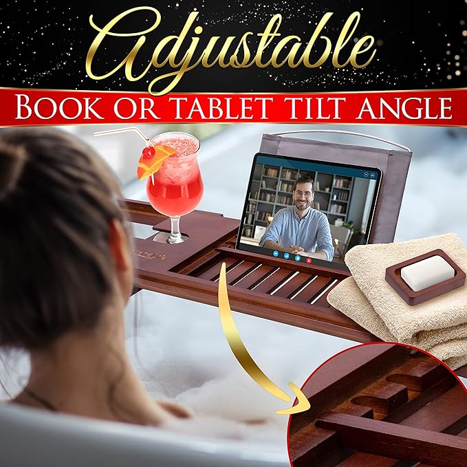 SereneLife Premium Bathtub Tray Caddy with Gift Box and Bow Set, Expandable Bath Tray, Unique House Warming Gifts for Mom, Women, Wedding, Anniversary, Bridal Shower, Fit for All Tub - Stain Brown - Bloomnest