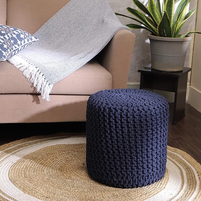 REDEARTH Cylindrical Pouf Ottoman -Hand Knitted Poof Pouffe Accent Chair Seat Footrest for Living Room, Bedroom, Nursery, kidsroom, Patio, Gym; 100% Cotton (16x16x16; Navy Blue) - Bloomnest