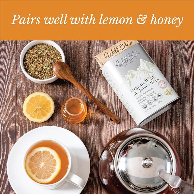 Wild Bliss Organic St Johns Wort Tea - Caffeine Free Mood Balance Support Herbal Tea - Pharmacopoeia Potency - Loose Leaf 3.52 Oz - 50 Servings - Bloomnest