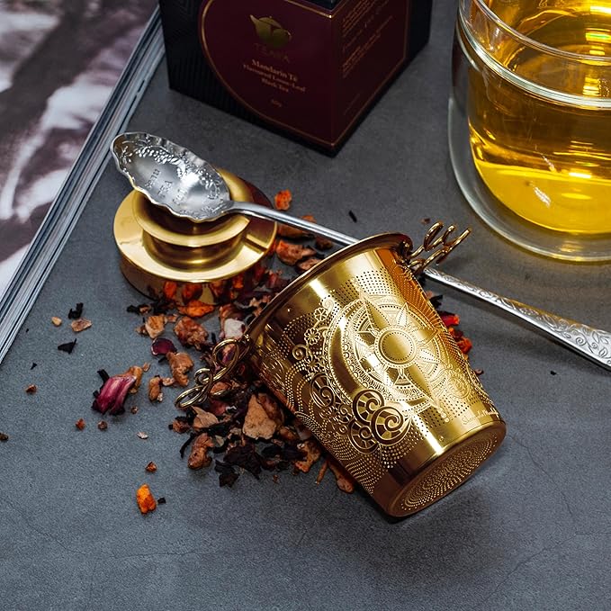 Luxury Tea Strainer Basket Gift Set - Gold Plated Infuser with Engraved Floral Motifs, Crystal Accent Chain for Loose Leaf Tea, Fine Mesh Filter & Ergonomic Handle