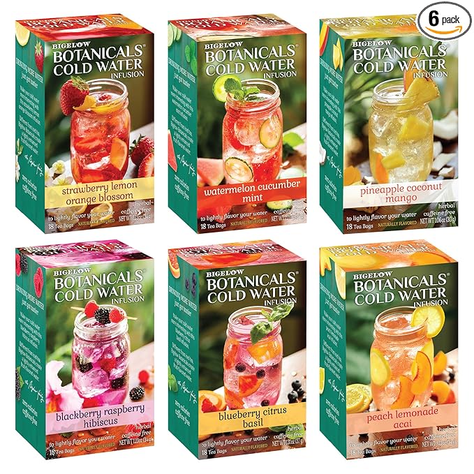 Bigelow Botanicals Cold Water Infusion Herbal Variety Pack, Caffeine Free Tea with Cranberry, Watermelon, Blackberry, Strawberry, Peach & Blueberry Flavor, 18 Count Box (Pack of 6), 108 Total Tea Bags - Bloomnest