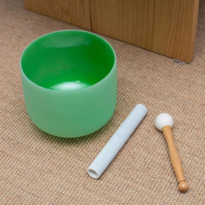 Leize Quartz Crystal Singing Bowl F Note 432 hz Heart Chakra Green 8" with Heavy Duty Carrying Case Suede Striker