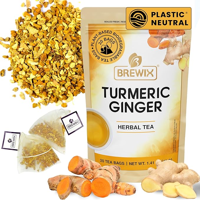 BREWIX, Turmeric Ginger Herbal Tea Bags (20 Pyramid Tea Bags) Real Ingredients From India, Naturally Caffeine Free | Pure Herbal Blend | Packed in Resealable Ziplock Pouch - Bloomnest