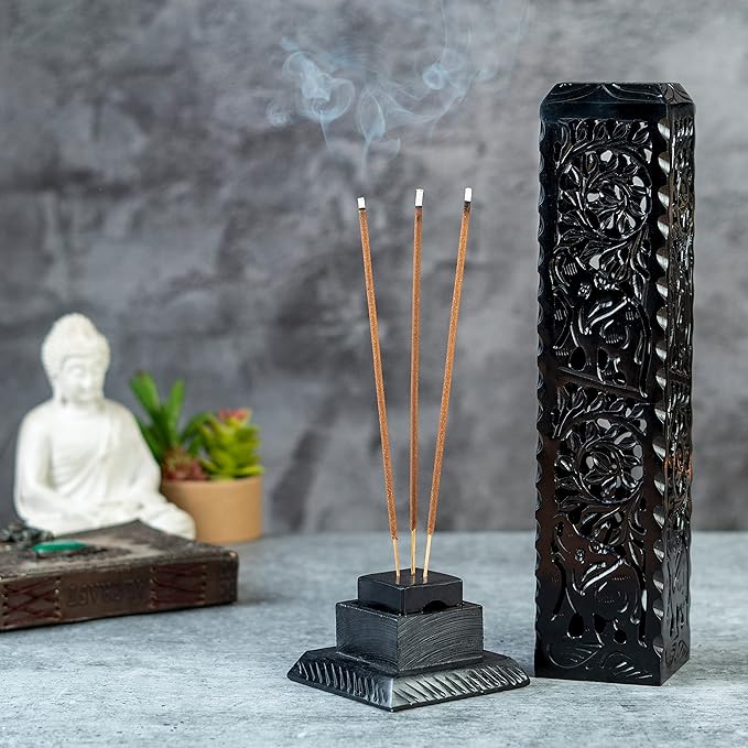 Crocon Black Marble Soapstone Incense Stick Burner Square Shape Leaf & Half Wheel Carving Tower Burner | Tea Light Candle Holder | Decorative Home & Kitchen Size - LxWxH 3X3X11 Inch