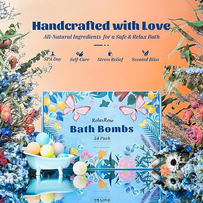 54 Pack Handmade Bath Bombs – 11 Vibrant Colors & 9 Unique Scents, Long-Lasting Fizzy Bubbles & Colorful Magic, 7-Minute Dissolve for Relaxation, Perfect for Birthdays & Summer Self-Care - Bloomnest