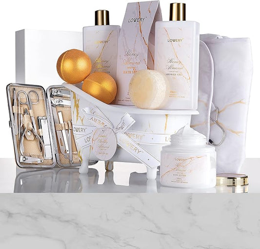 Gifts for Mom, Gift Basket, Spa Gifts For Women, 31Pc Self Care Kit, Stress Relief Gift, Birthday, Thank You, Honey Almond Bath and Body Gift - Toiletry Bag, Nail Kit, Bath Bombs & More