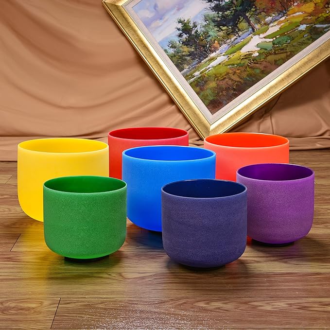TOPFUND Chakra Set of 7 Color Crystal Singing Bowls 6-10 inch with Heavy Duty Carrying Cases and Singing Bowl Mallets - Bloomnest