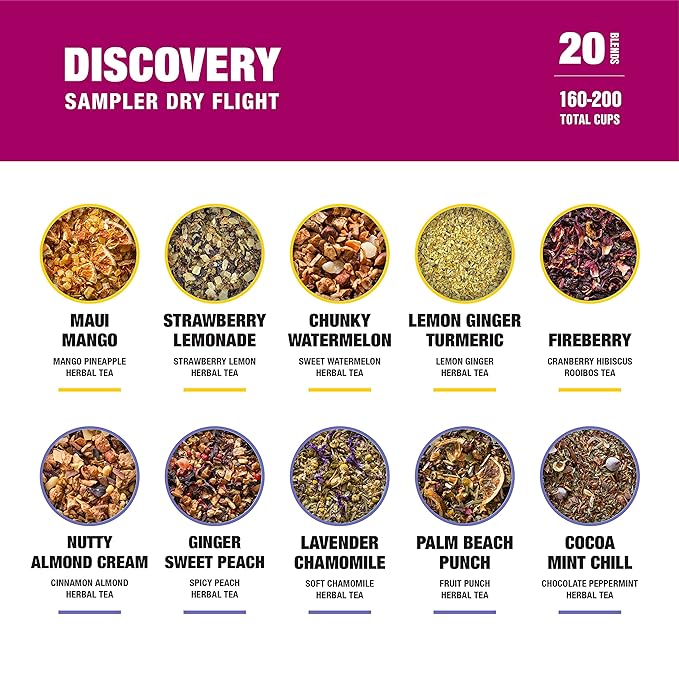 Tiesta Tea - Discovery Sampler Dry Flight Set, Loose Leaf, High to No Caffeine, Hot & Iced Up to 200 Cups, Tea Variety Pack with Green, Herbal, Black & Chai Brew, 20 Resealable Sample Pouches - Bloomnest