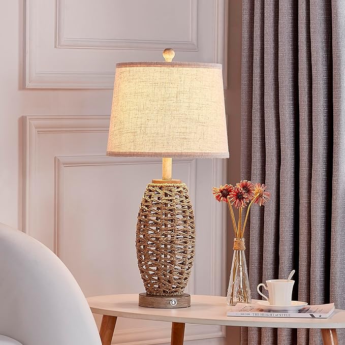 27” Natural Rattan Table Lamps Set of 2,Touch Switch,3-Way Dimmable Bedside Lamps, with A+C USB Charging Ports,Oatmeal Lampshade,Farmhouse Table Lamp for Bedroom, Living Room(2 Bulbs Included) - Bloomnest
