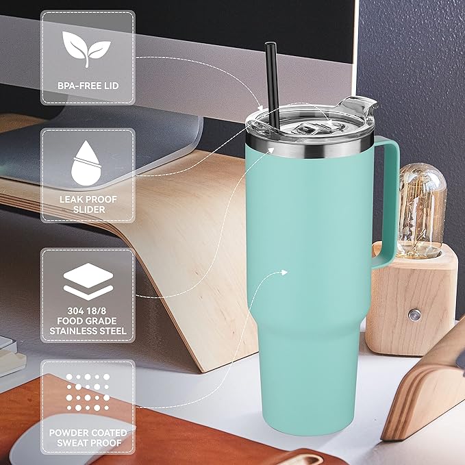 HASLE OUTFITTERS 40 oz Stainless Steel Tumbler with Handle, Vacuum Insulated Tumblers Bulk, Reusable Double Wall Travel Coffee Mug, Durable Powder Coated Water Bottles(Mint Green, 4) - Bloomnest