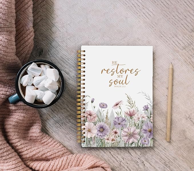 Christian Notebook for Women, Christian Art Gifts Journal, Prayer Journal for Women, Bible Journaling Notebook, PSALM 23:3 He Restores My Soul Floral Spiral Notebook 5.5x8.3 - Bloomnest
