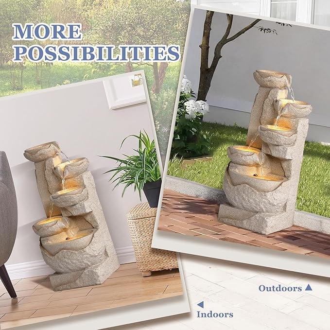 Grepatio Outdoor 5-Tiers Cascading Rock Water Fountain, Waterfall Fountain with 5 LED Lights, Beige Bowl Feature Fountains and Waterfalls for Garden or Patio, Yard, and Deck Decor - Bloomnest