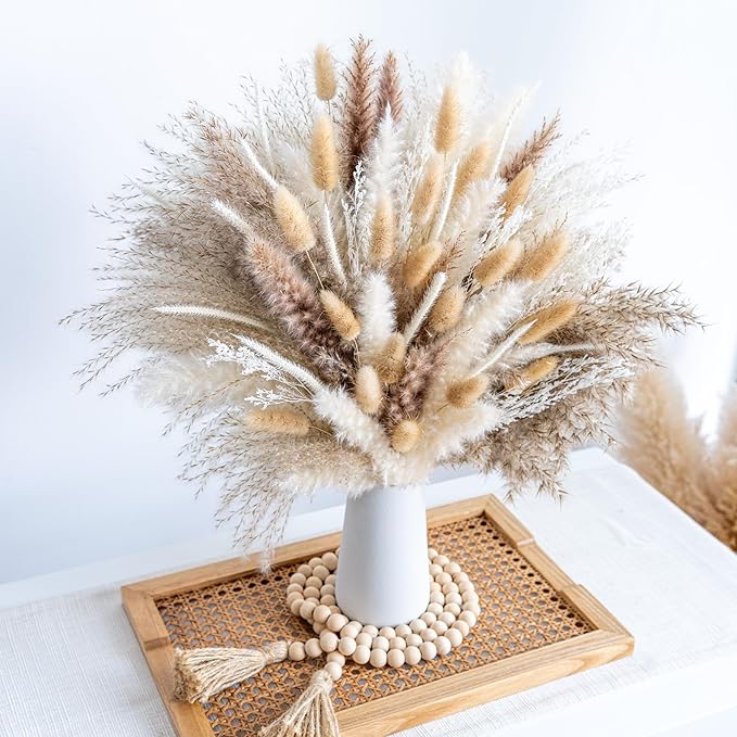 150pcs Pampas Grass + 1 White Ceramic vase + 1 Wood Bead Garland , Boho Home Decor Bouquet Phragmites Dried Flowers Bouquet for Wedding Floral Arrangements Home Decorations - Bloomnest