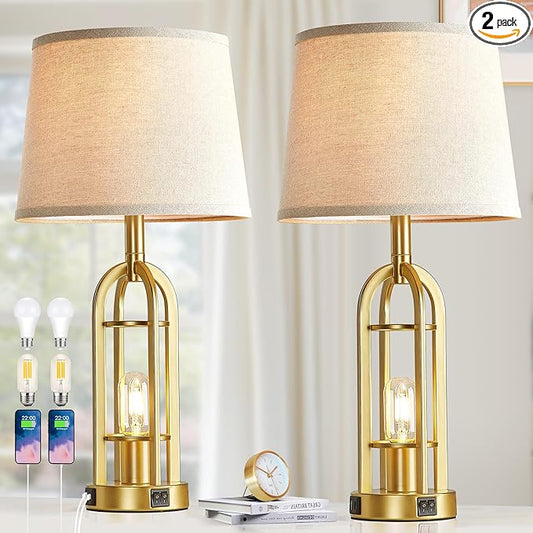 Gold Table Lamps for Living Room Set of 2 - Modern Farmhouse Bedside Lamps for Bedroom Night Stands with Nightlight and USB A+C, Industrial Lamp for Living Room End Tables - Bloomnest
