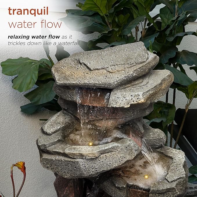 Alpine Corporation WIN1184 40" 3-Tier Outdoor Rock Waterfall Floor Fountain with Color-Changing LED Lights, Cascading Water Feature for Gardens, Patios, and Yards, Gray - Bloomnest