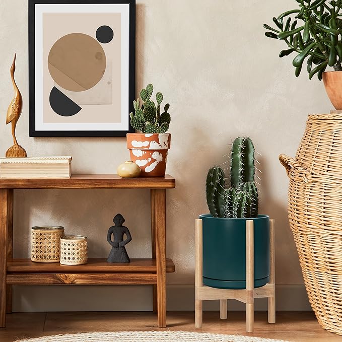 D'vine Dev Ceramic Planter with Natural Stand - 10 Inch Modern Round Flower Pot with Wood Planter Holder, Teal, 55-B-K-4 - Bloomnest