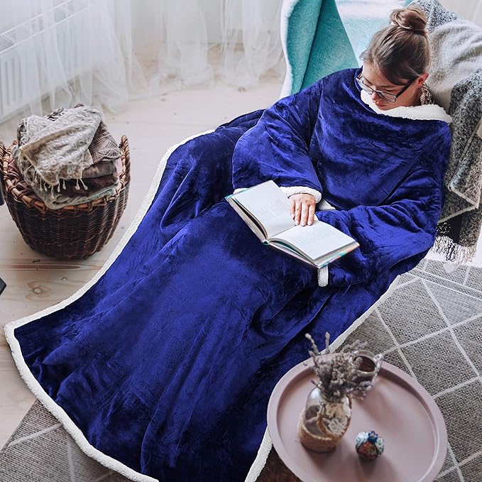 Tirrinia Sherpa Wearable Blanket With Sleeves, Full Body Throw Reading Wrap TV Blankets - Bloomnest