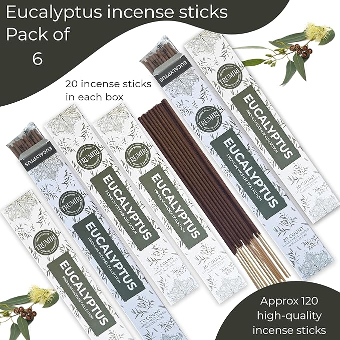 Eucalyptus Incense Sticks - Total 120 Insence-Sticks - 6 Packs of 20 Insense - Inciensos - Inscents - Natural Non Toxic Ingredients - Incents - Incence - Inscense - Insents TRUMIRI