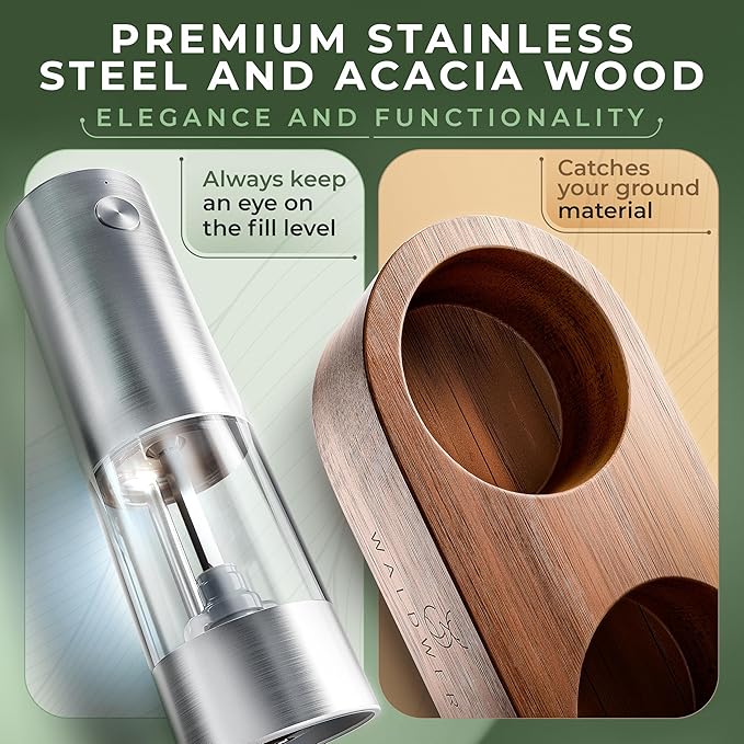 WALDWERK Electric Salt and Pepper Grinder Set (300 mAh Rechargeable Battery) - Salt and Pepper Shakers with Elegant Acacia Wood Stand – Rechargeable Automatic Salt and Pepper Grinder Set - Bloomnest