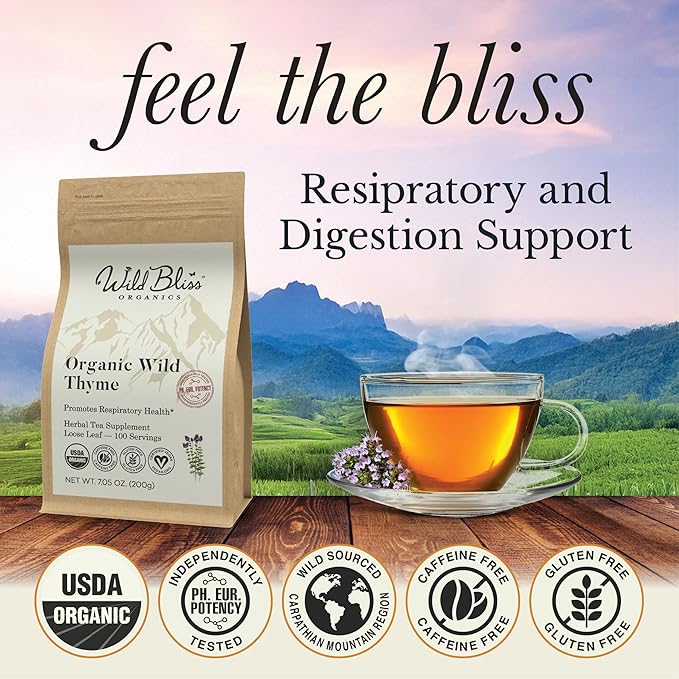 Wild Bliss Organic Wild Breckland Thyme Tea - Caffeine Free Loose Leaf Herbal Tea - Resipratory and Digestion Support - 7.05 Oz - 100 Servings - Bloomnest