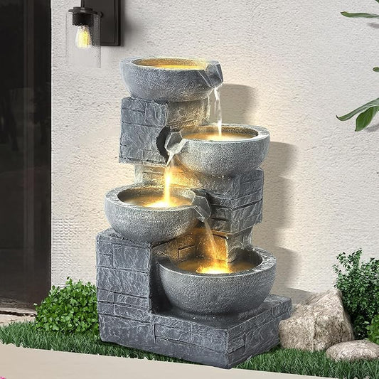 Outdoor Water Fountains with Cascading Bowls, 4-Tiers Fountains and Waterfalls w/LED Lights,Indoor Morden Floor Standing Resin Water Feature for Garden Patio Backyard Home Decor (Light Grey) - Bloomnest